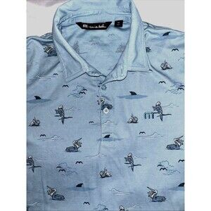 Travis Mathew Going Rogue Polo Shirt Men’s Large Sz M Blue All Over Print Beach